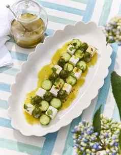 Feta, cucumber & olive salad with mint oil & lemon