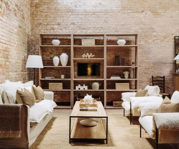 Living room and bookcase at boutique hotel, The Rox in Hobart