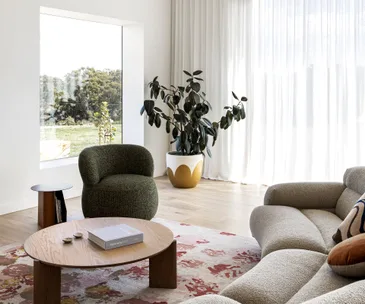 Living room in minimalist modern farmhouse with boucle furniture 