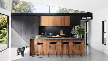Shot of kitchen with wooden interiors.
