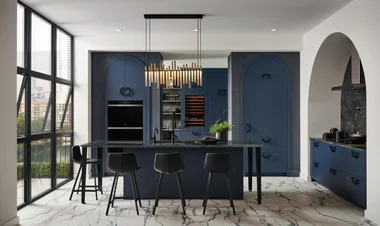 modern kitchen with marble floors and arched wall