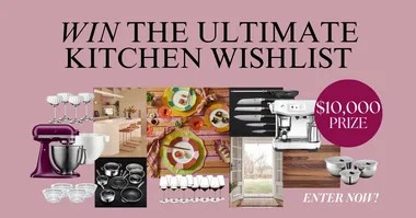 Win the Ultimate Kitchen Wishlist contest with $10,000 prize; features kitchen items like mixer, glassware, and knives.