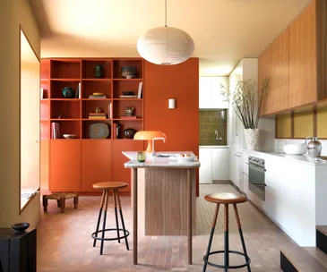 A retro-style kitchen with orange cabinetry and green splashbacks