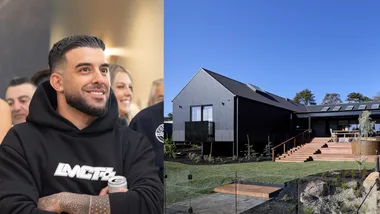 A photo of Adrian Portelli as well as the facade of a house on The Block