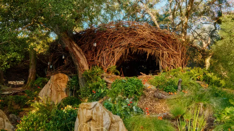Elphahabe's house made of vines in a forest of flowers and bushes from the Wicked movie set