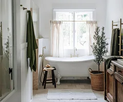 A country-style bathroom with a clawfoot tub, timber stool and an indoor tree