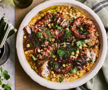 Grilled octopus, chickpeas and homemade taramasalata