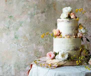Lime and coconut wedding cake decorated with fresh flowers