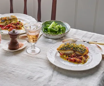 Roasted Blue-eye, tomato, onion & fava bean bake with lemon crumbs