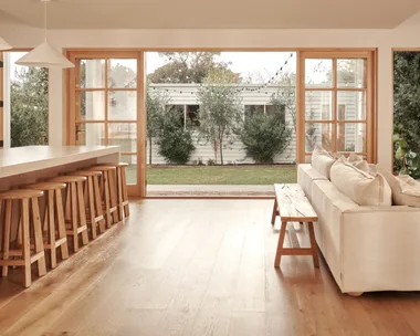 Neutral-toned kitchen and living area