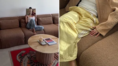 A Koala Sofa in a neutral brown colour and soft teddy fabric