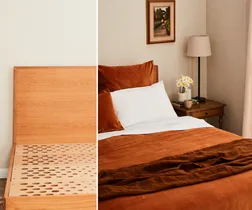 two images of a timber bed frame, left image fully assembled oak frame, right image bed frame with mattress, sheets and pillows next to a bedside table and lamp