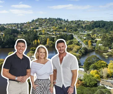 A photo of The Block judges Marty, Shaynna and Darren overlaid against a photo of Daylesford, VIC