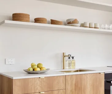 Dining room with custom open timber shelving