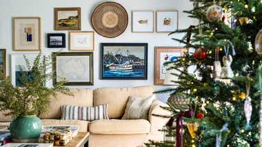 Christmas decorations in an eclectic living room
